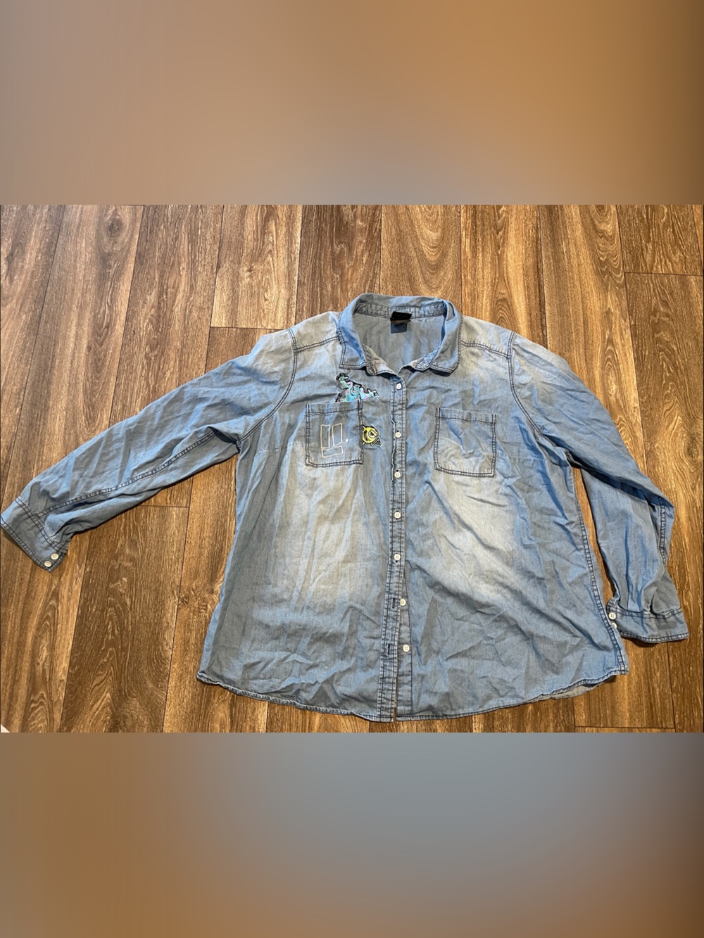Torrid Disney Pixar Monsters Inc Sulley Mike Embroidered Denim Chambray Shirt 3
